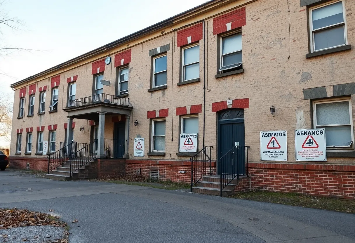Old school building with asbestos warning signs