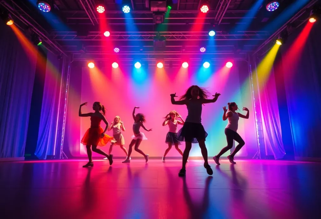 Energetic dancers performing on stage in colorful costumes.