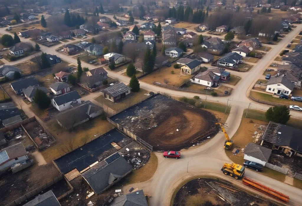 Aerial view showing destruction from the Eaton Fire in Altadena, California.