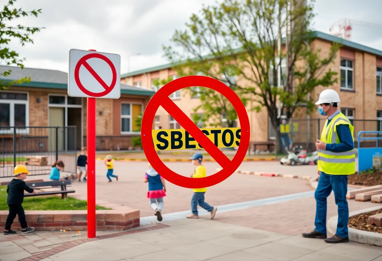 Children playing safely at a school with a 'No Asbestos' sign.