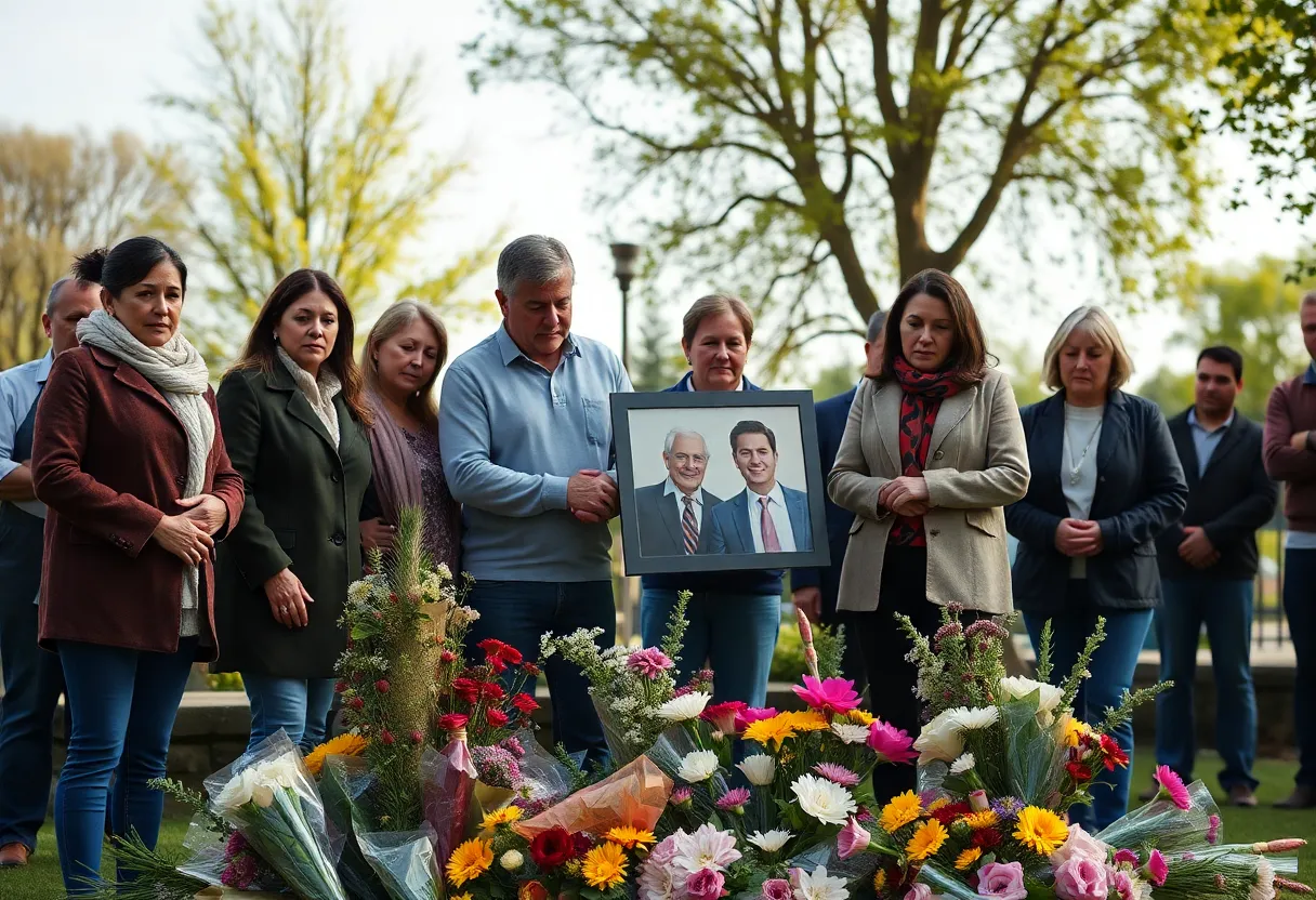 A family holding a memorial for a loved one who died of asbestos-related illness in a peaceful garden.