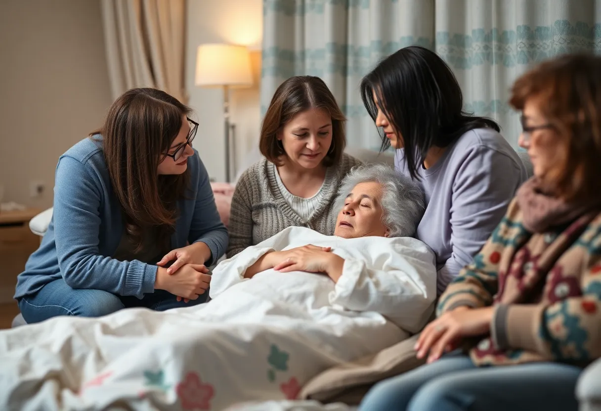 A family gathering in a hospice showing support during a challenging time.