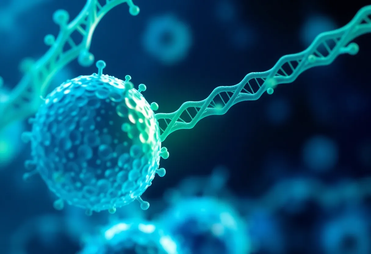 Abstract representation of gene therapy targeting mesothelioma cells.