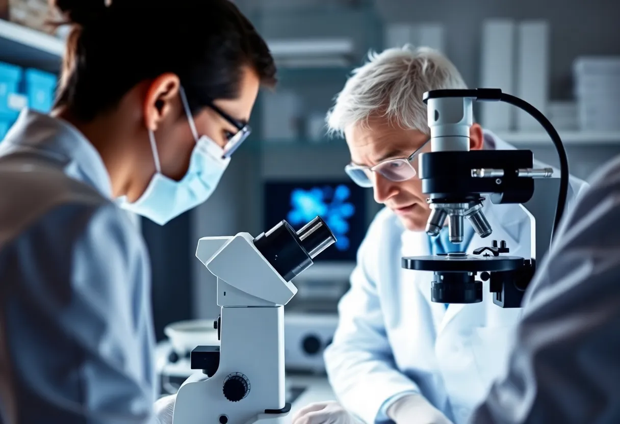 Researchers analyzing cancer cells related to mesothelioma therapy in a lab.