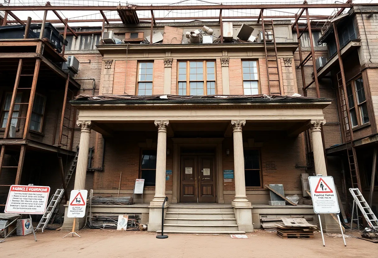 Greene County Courthouse with Asbestos Warning Signs