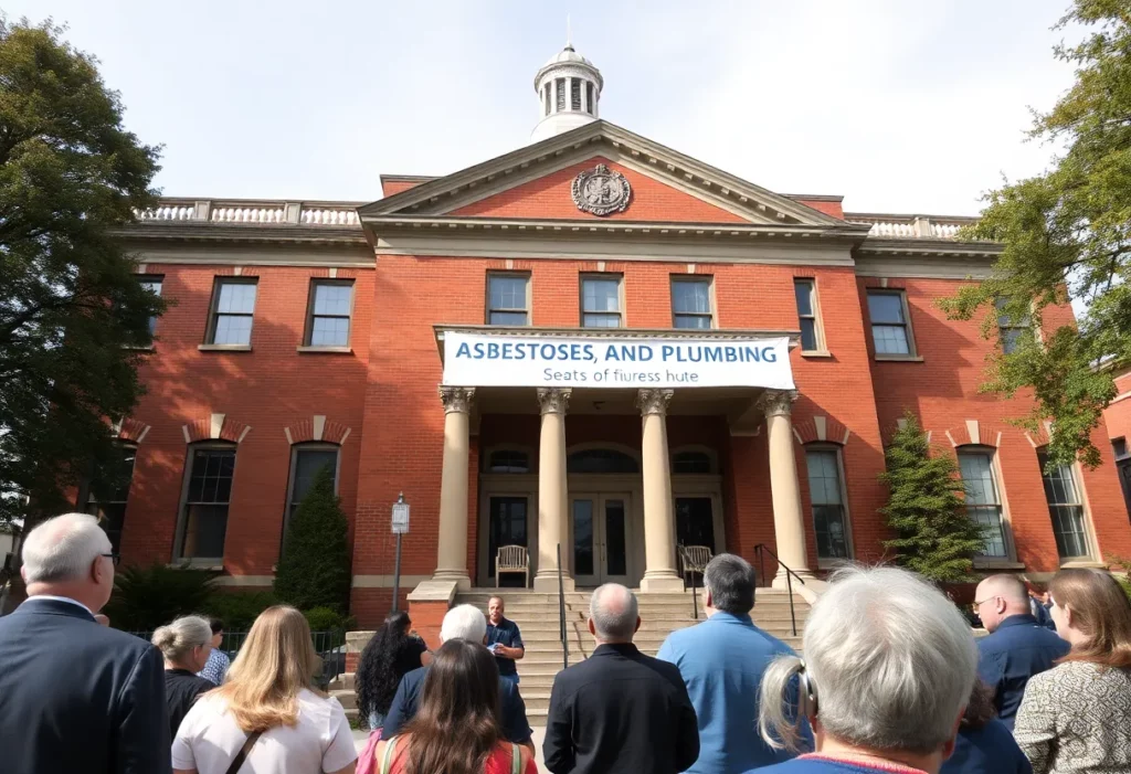 Community members gathered in front of Greene County Courthouse discussing asbestos and plumbing issues.