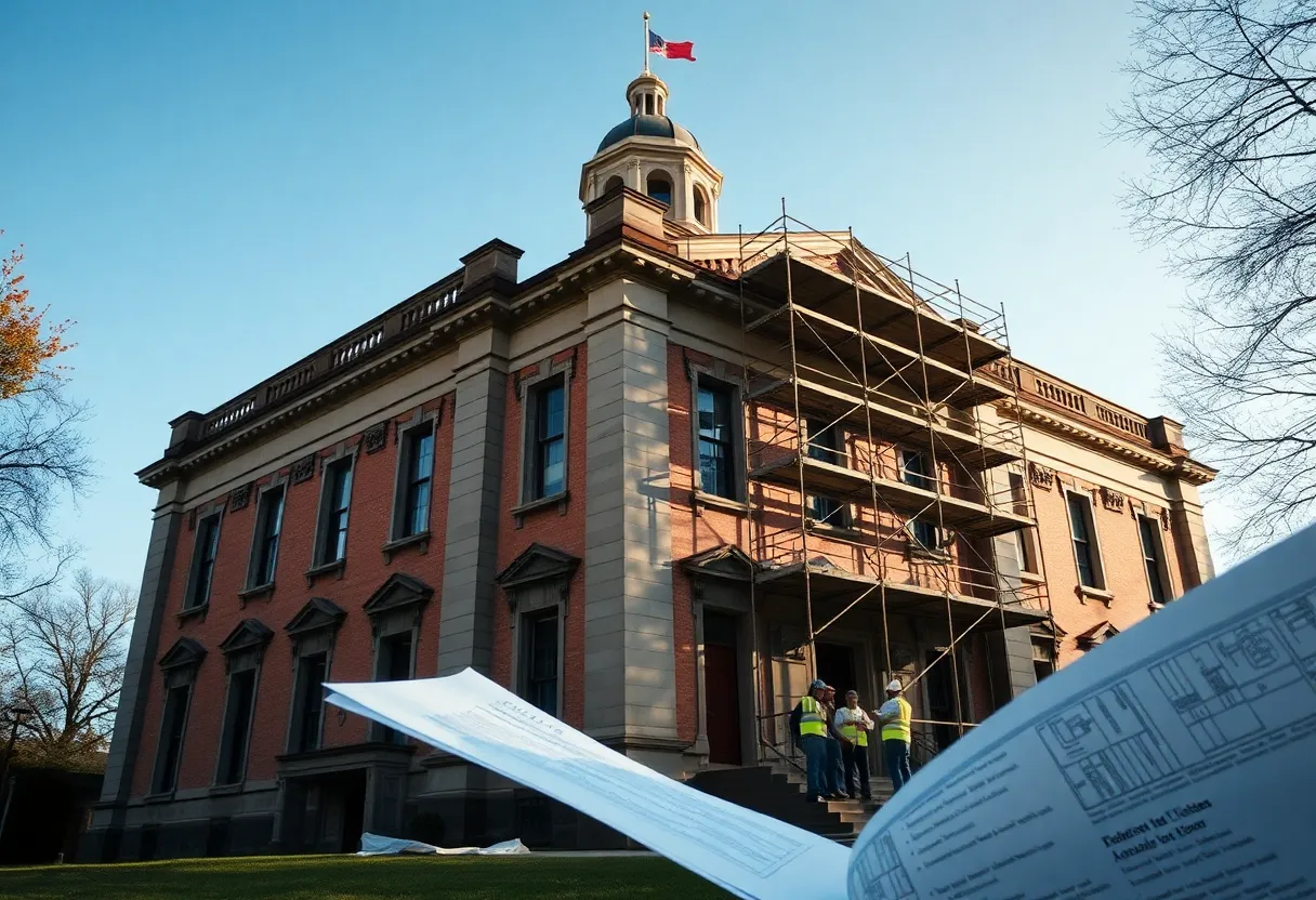 Greene County Courthouse undergoing renovation with workers assessing for asbestos.