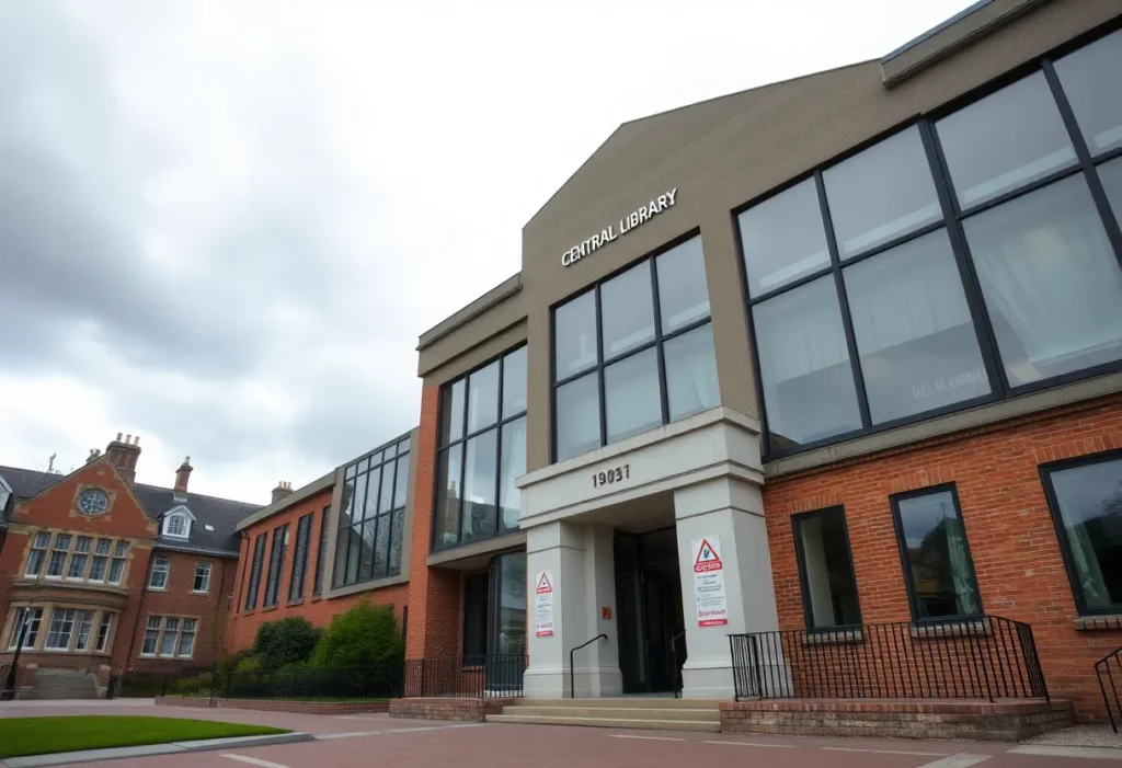Exterior view of Grimsby Central Library with a caution sign for asbestos.