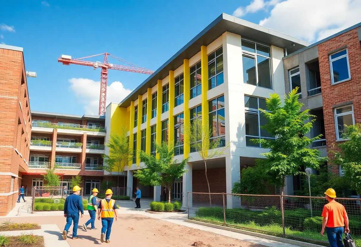 Construction site of Hewett Academy with workers and machinery