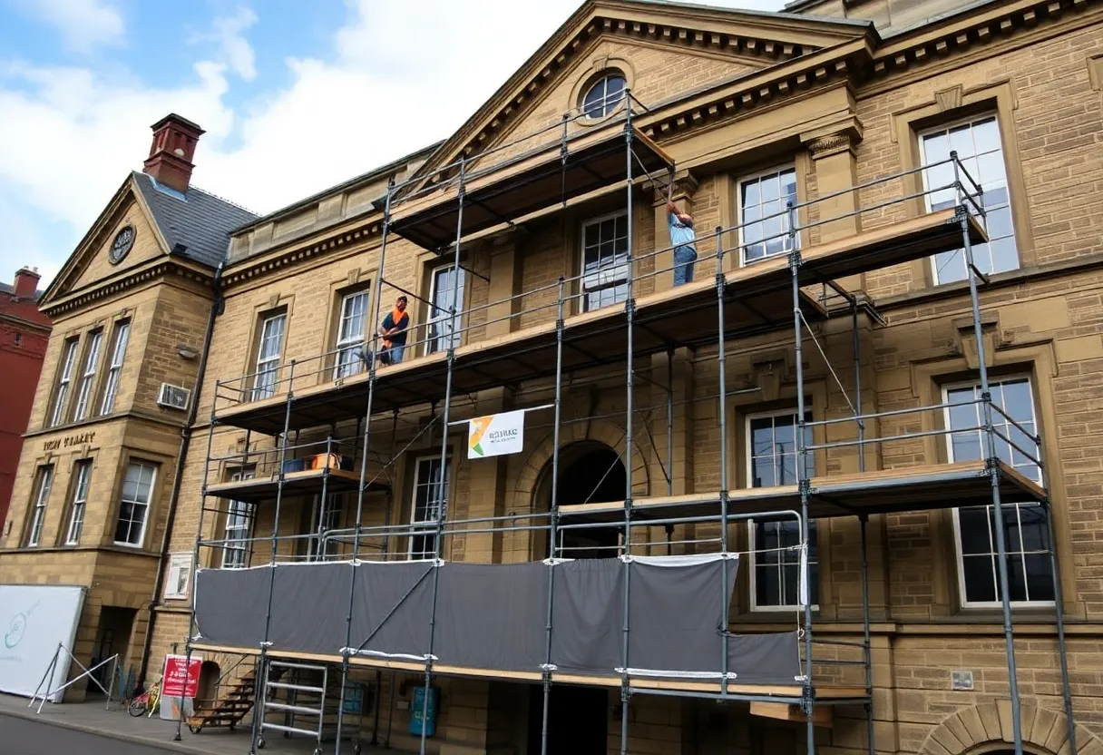 Current renovations at Ilkley Town Hall with scaffolding