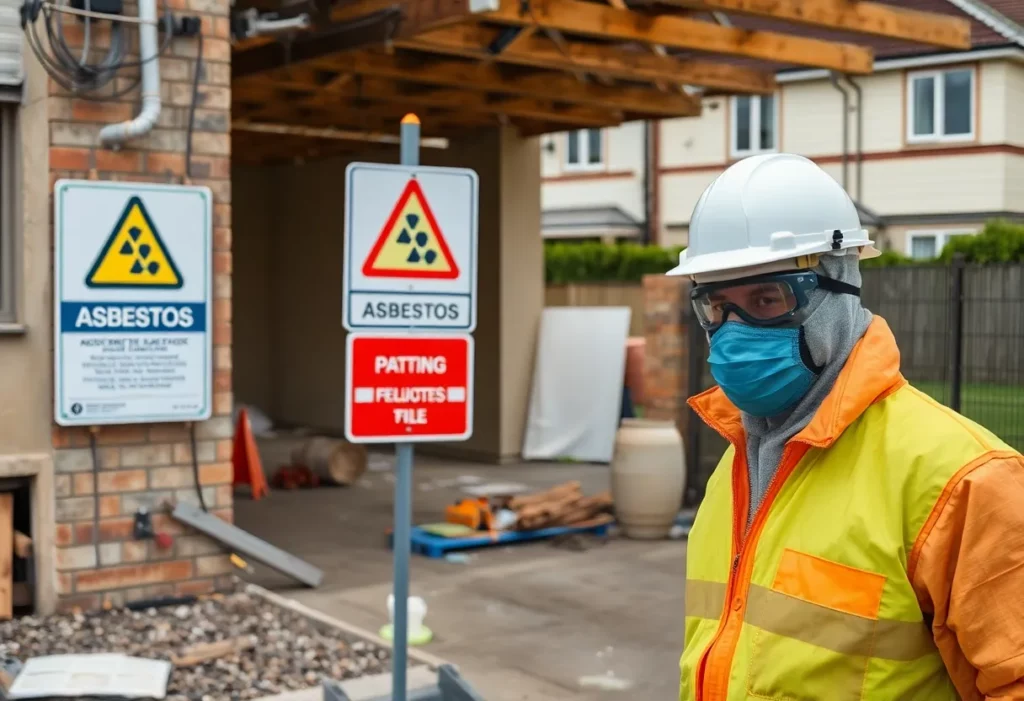 Construction site with visible asbestos warning signs and safety equipment.