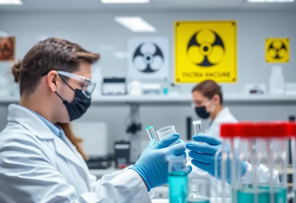 Researchers working in a cancer treatment laboratory