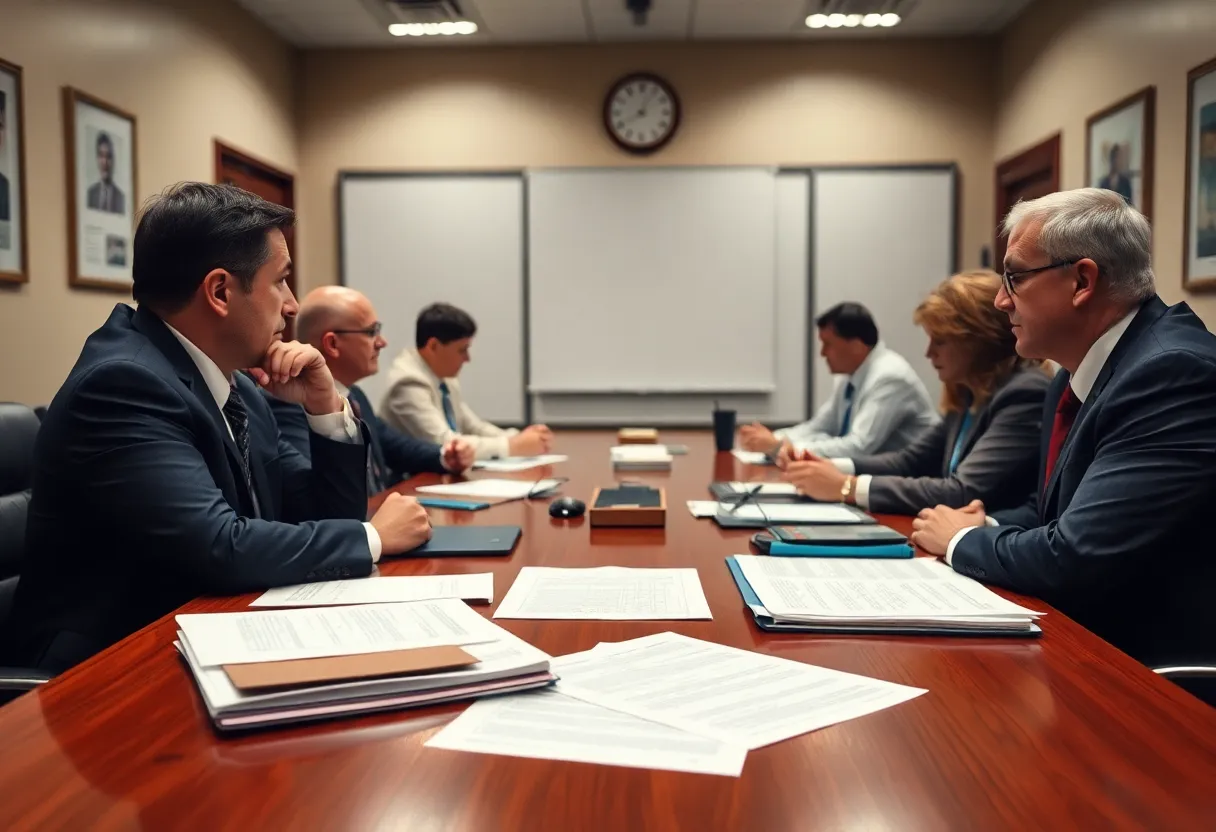 Tense discussions about James Hardie asbestos compensation fund in a boardroom.