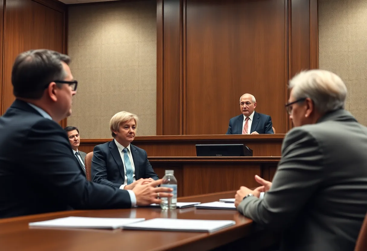 Courtroom scene depicting Johnson & Johnson baby powder lawsuit