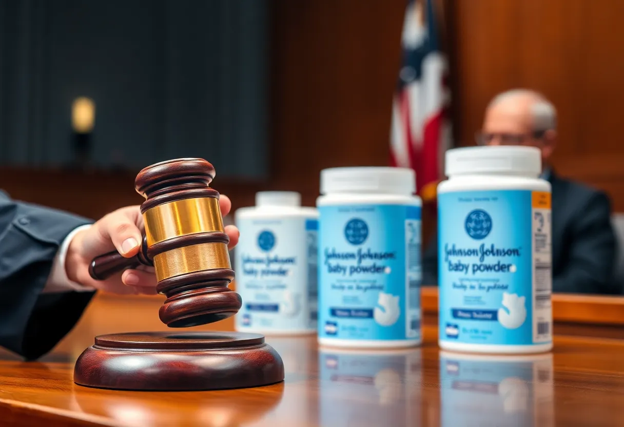 Courtroom scene depicting a judge's gavel and Johnson & Johnson baby powder products.