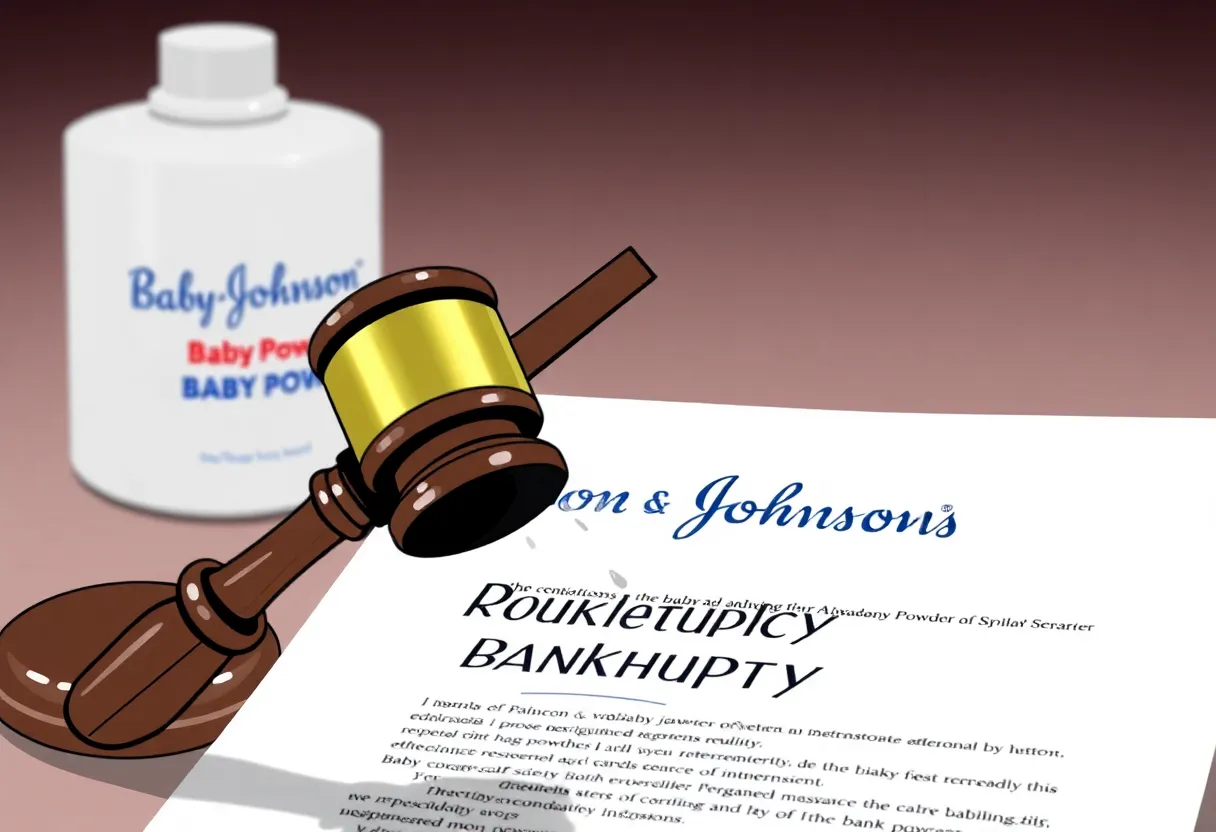 A gavel on a bankruptcy document related to Johnson & Johnson.