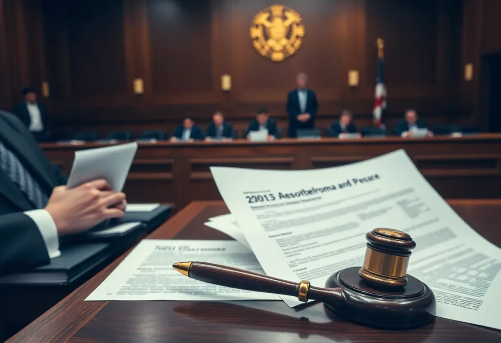 A courtroom scene focused on mesothelioma litigation.