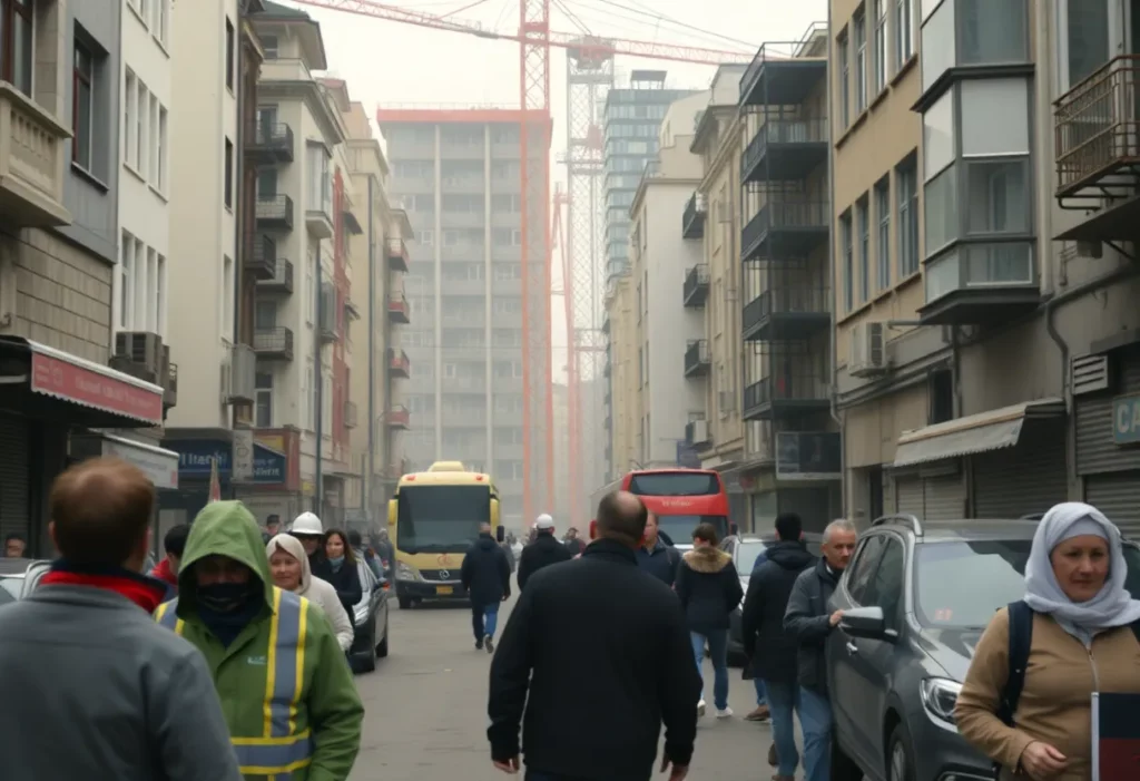 Construction site in Kadikoy with dust and anxious residents.