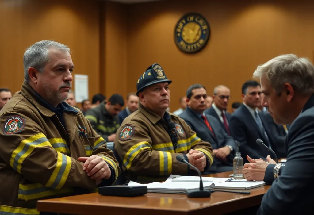 Lynchburg City Council members discussing asbestos concerns with firefighters present