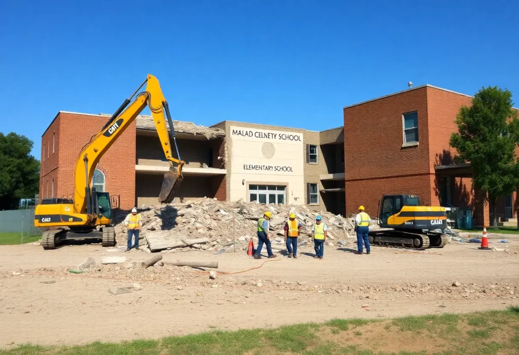 Workers demolishing the old Malad Elementary School