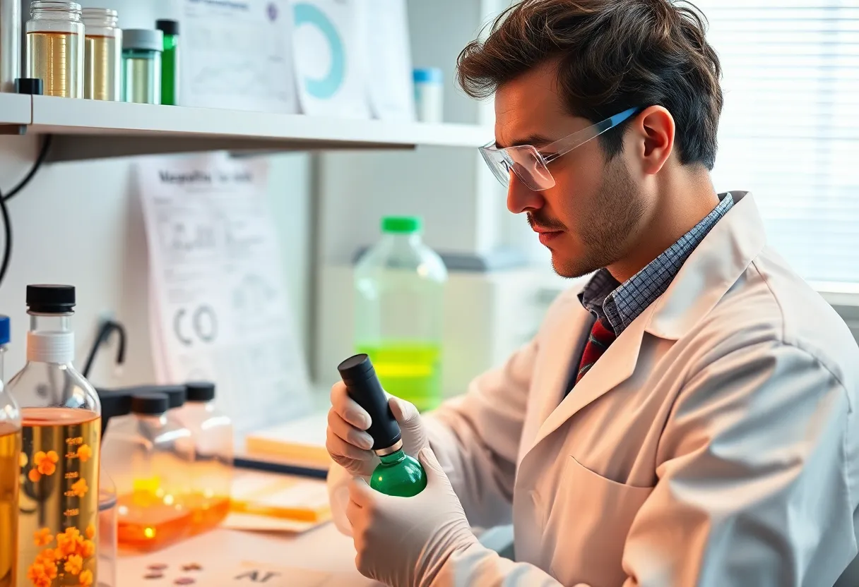 Scientist researching mesothelioma treatment options in a laboratory.