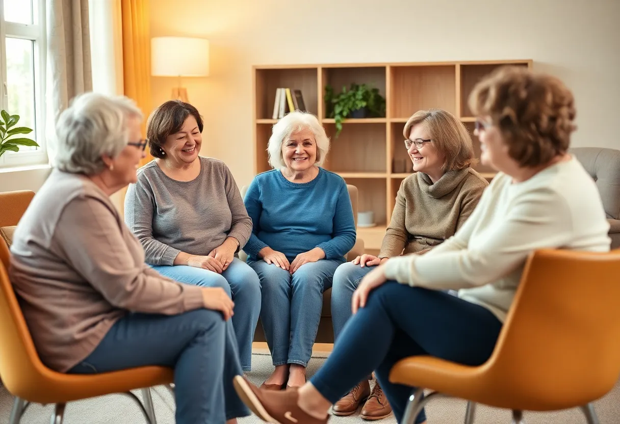 A group of mesothelioma patients engaging in supportive conversation