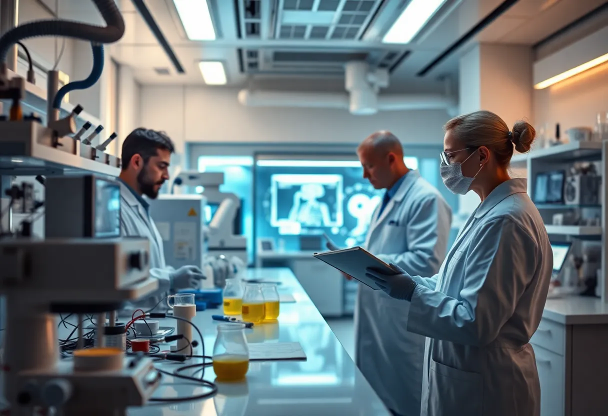 Researchers in a lab focusing on mesothelioma treatments
