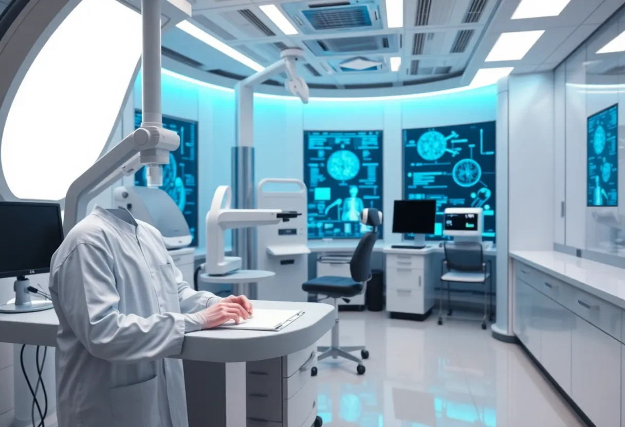 Futuristic medical lab focused on mesothelioma treatment advancements