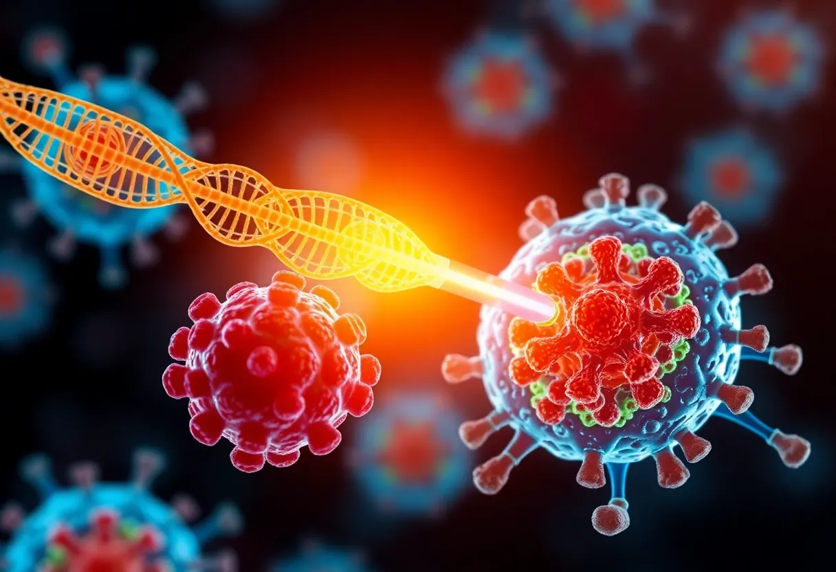Illustration of gene therapy targeting mesothelioma cancer cells.