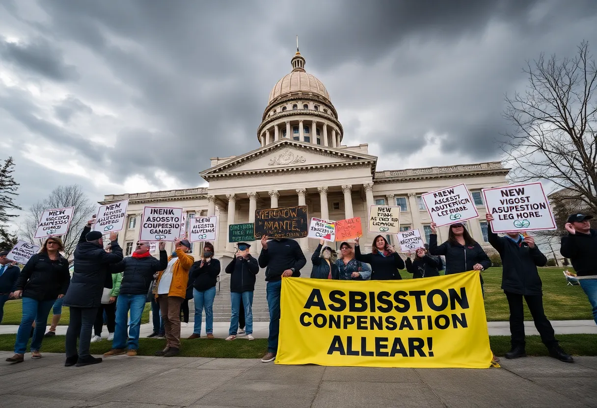 Montana State Capitol building with protestors advocating for asbestos compensation rights.