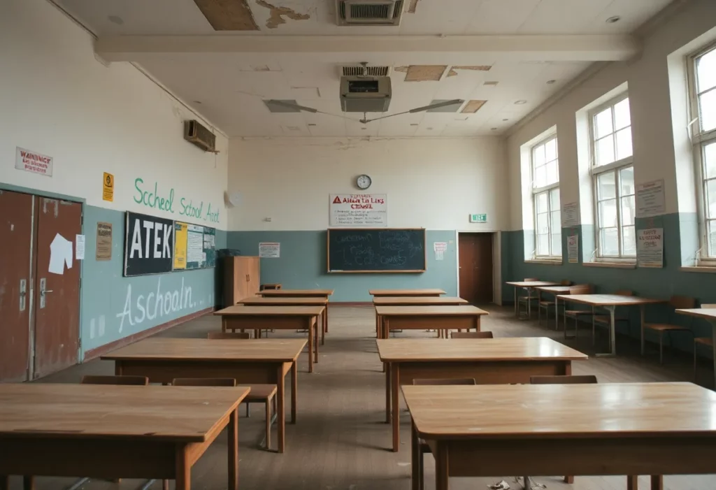 Interior of a neglected school showing asbestos warning signs