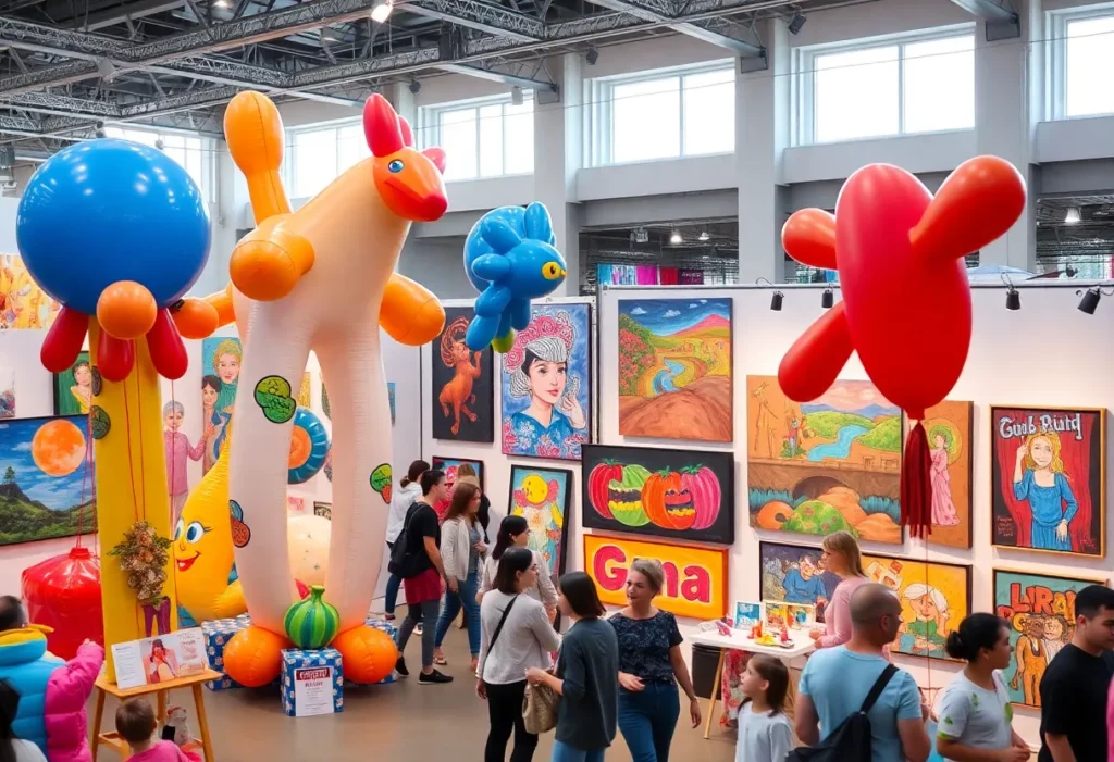 Art lovers enjoying the NEW POP MAX exhibition featuring inflatable sculptures.