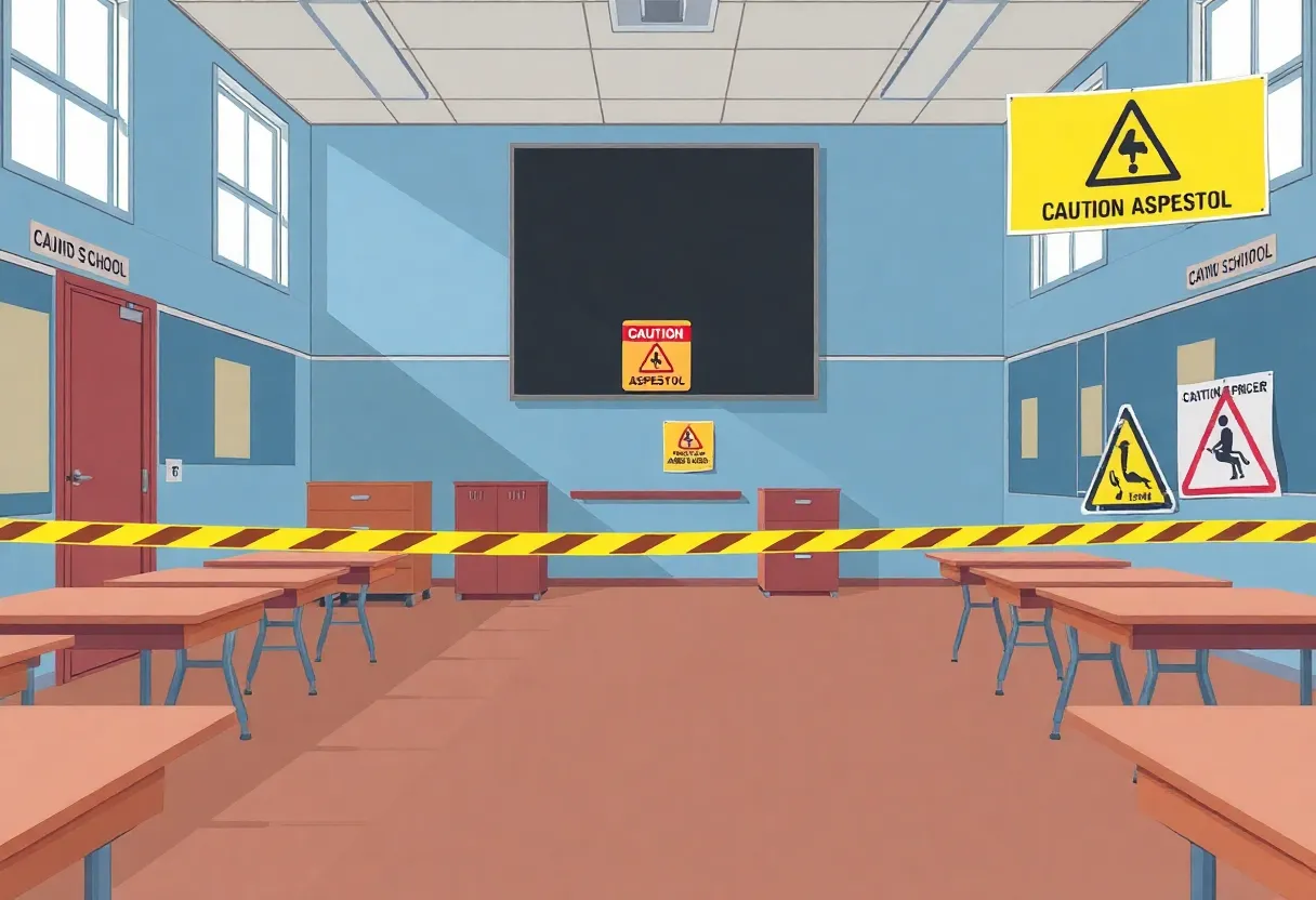 A rundown school building with an asbestos warning sign