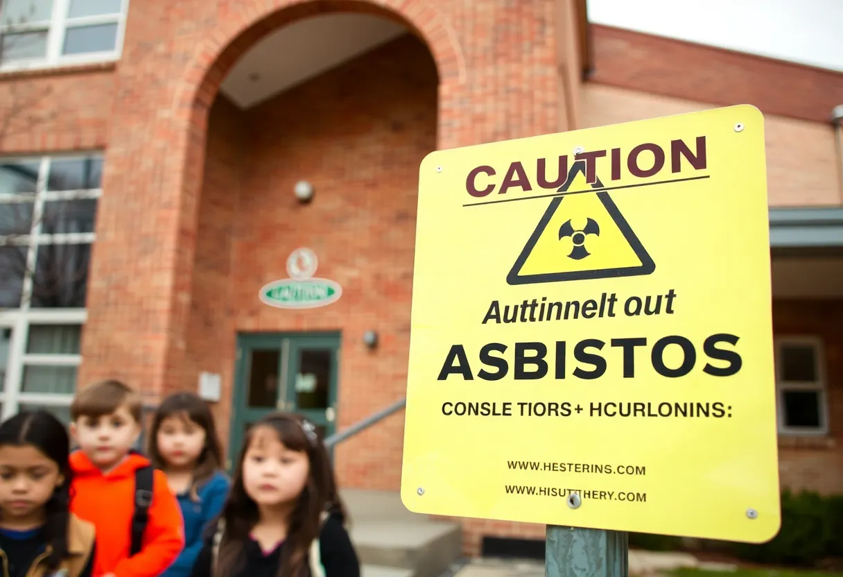 Caution sign about asbestos in an NYC school with students nearby.