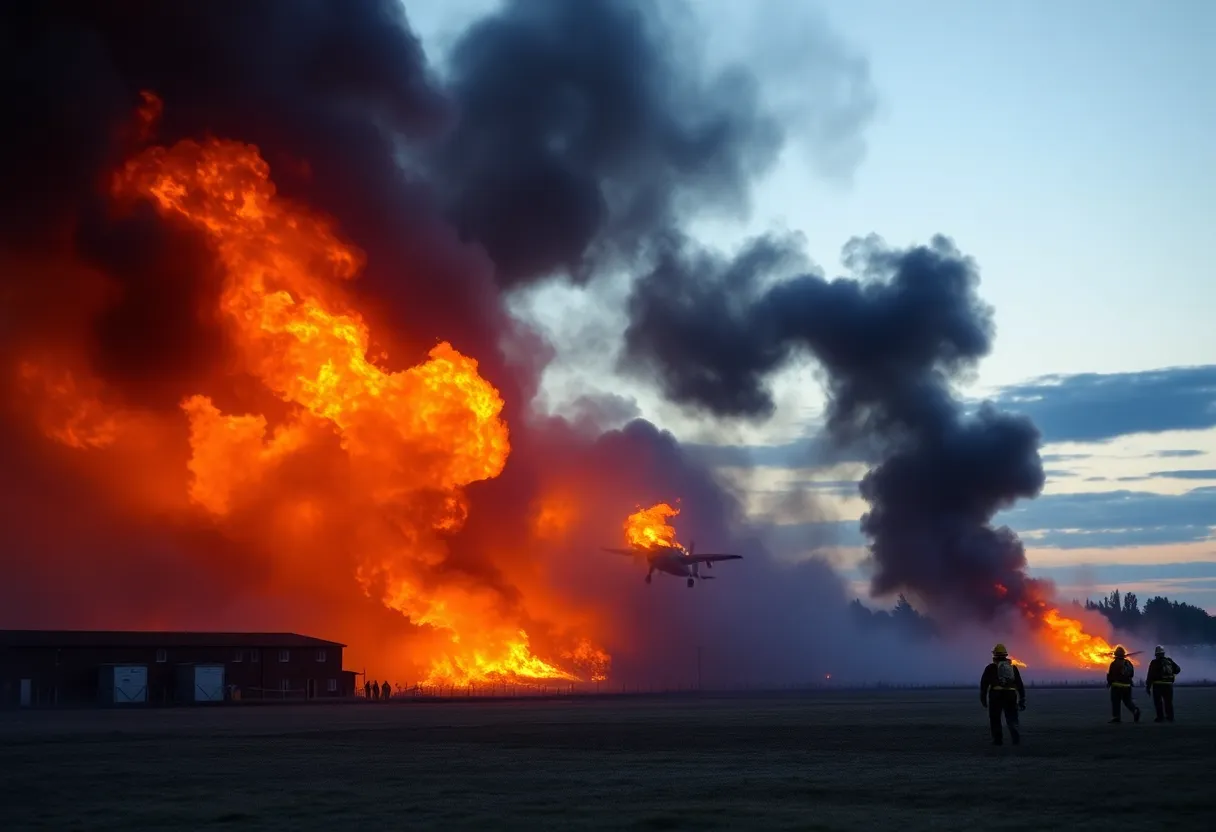 Flames engulfing Hangar 3 at Old Sarum Airfield