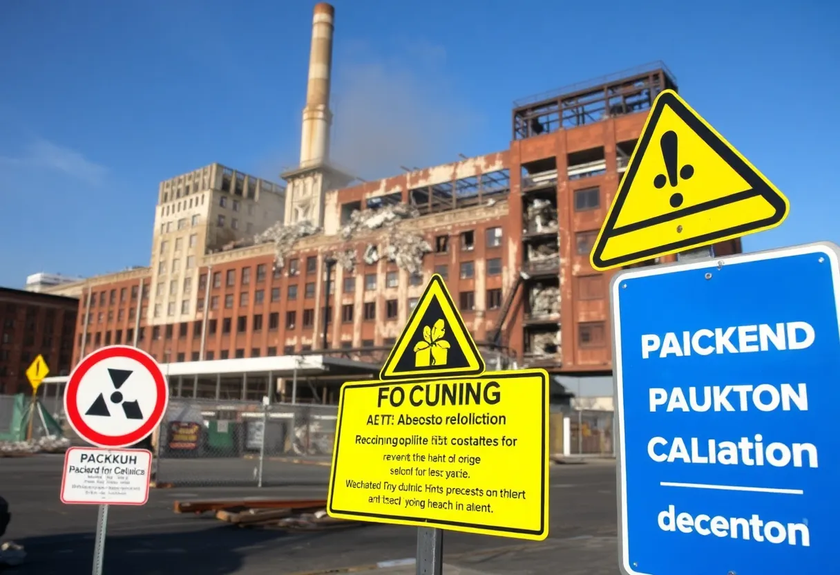 Demolition site of the Packard Plant with asbestos warning signs