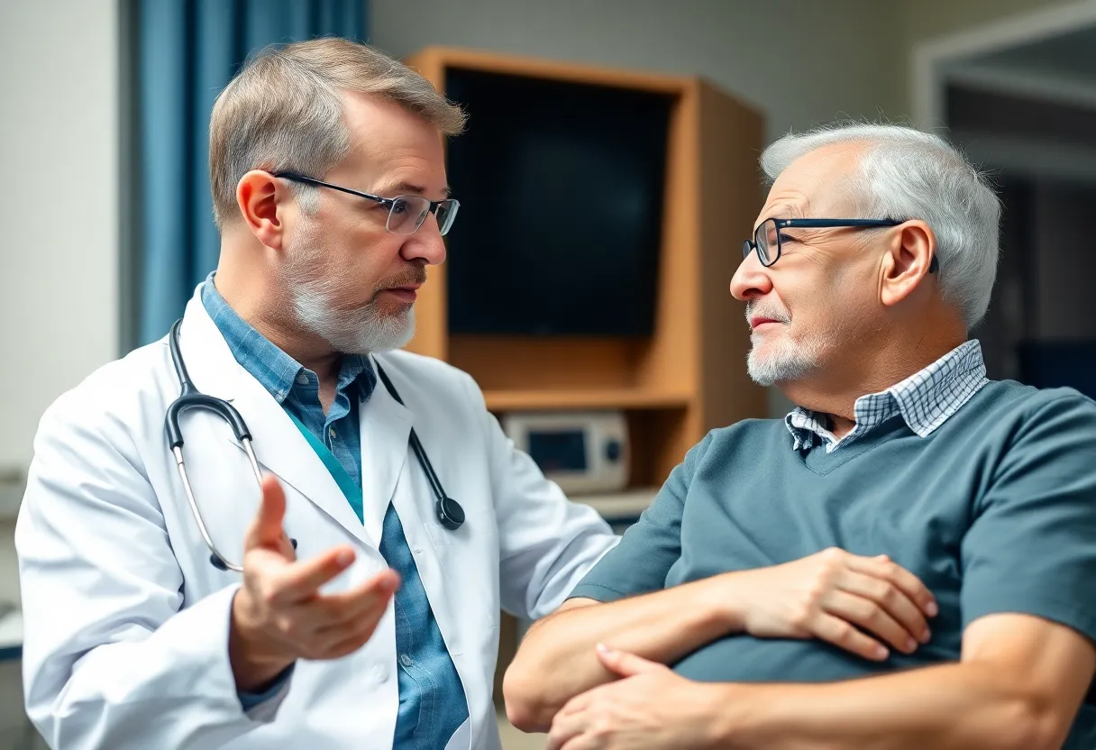 A doctor explaining pembrolizumab treatment to a mesothelioma patient.