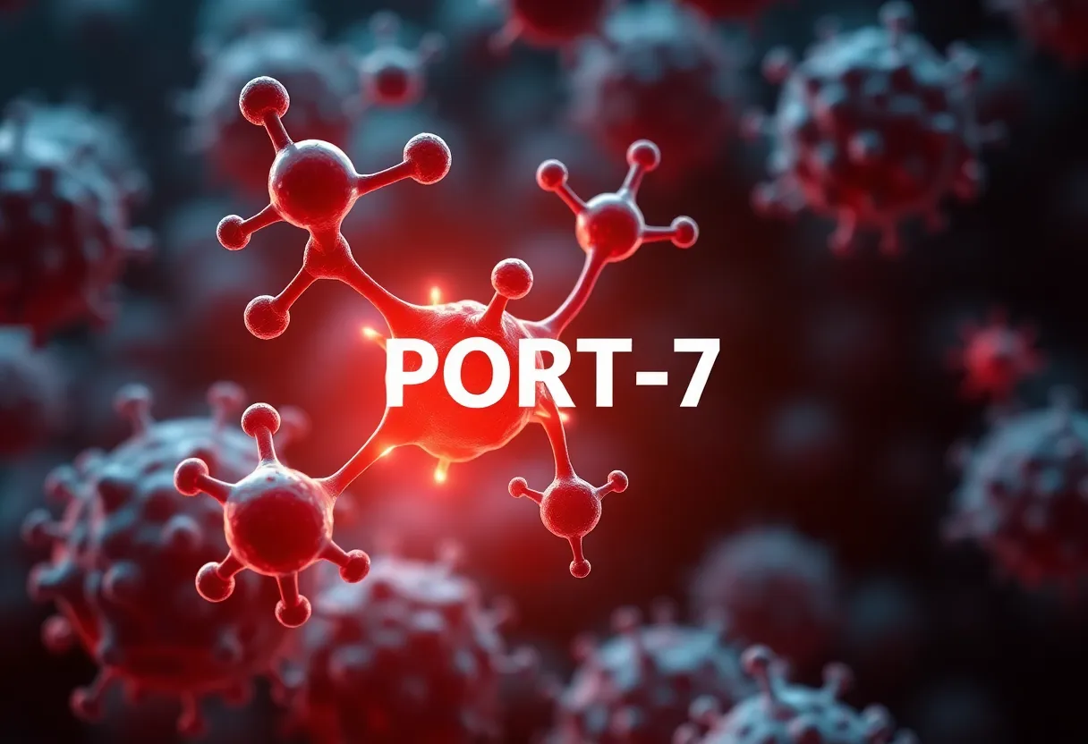 Illustration of PORT-7 therapy targeting mesothelioma cells.
