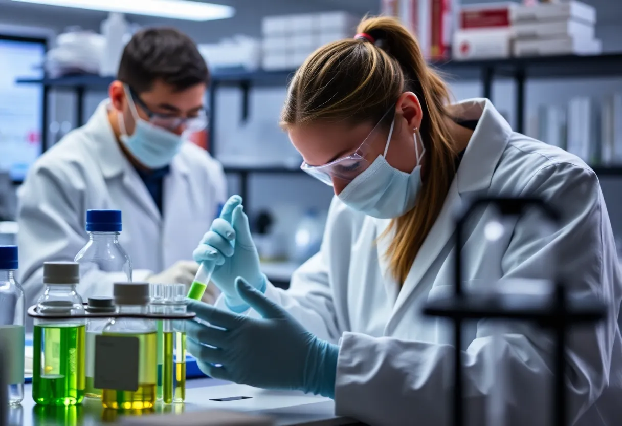 Scientists conducting cancer research in a lab setting