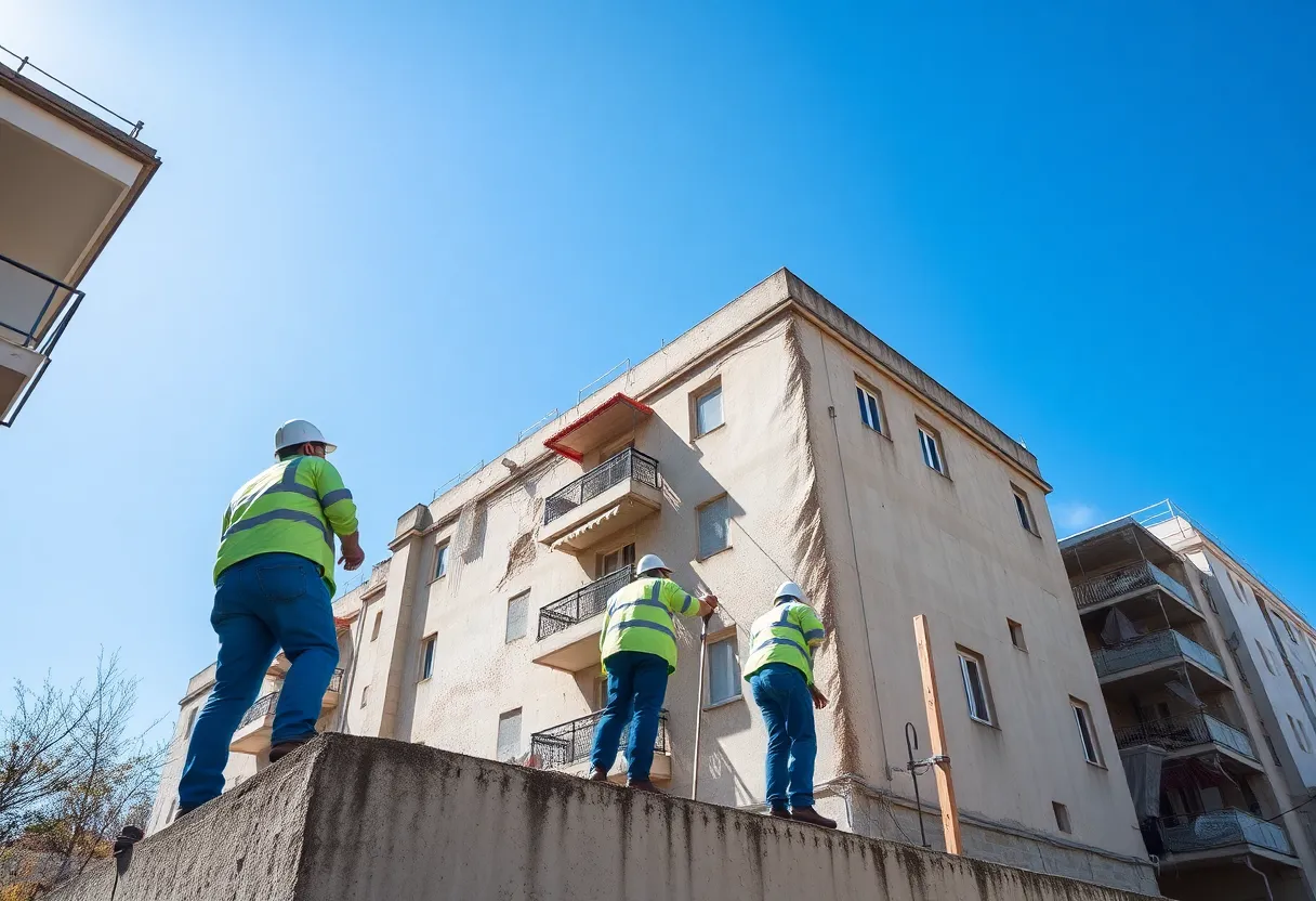 Workers removing asbestos from a building in Prishtina.