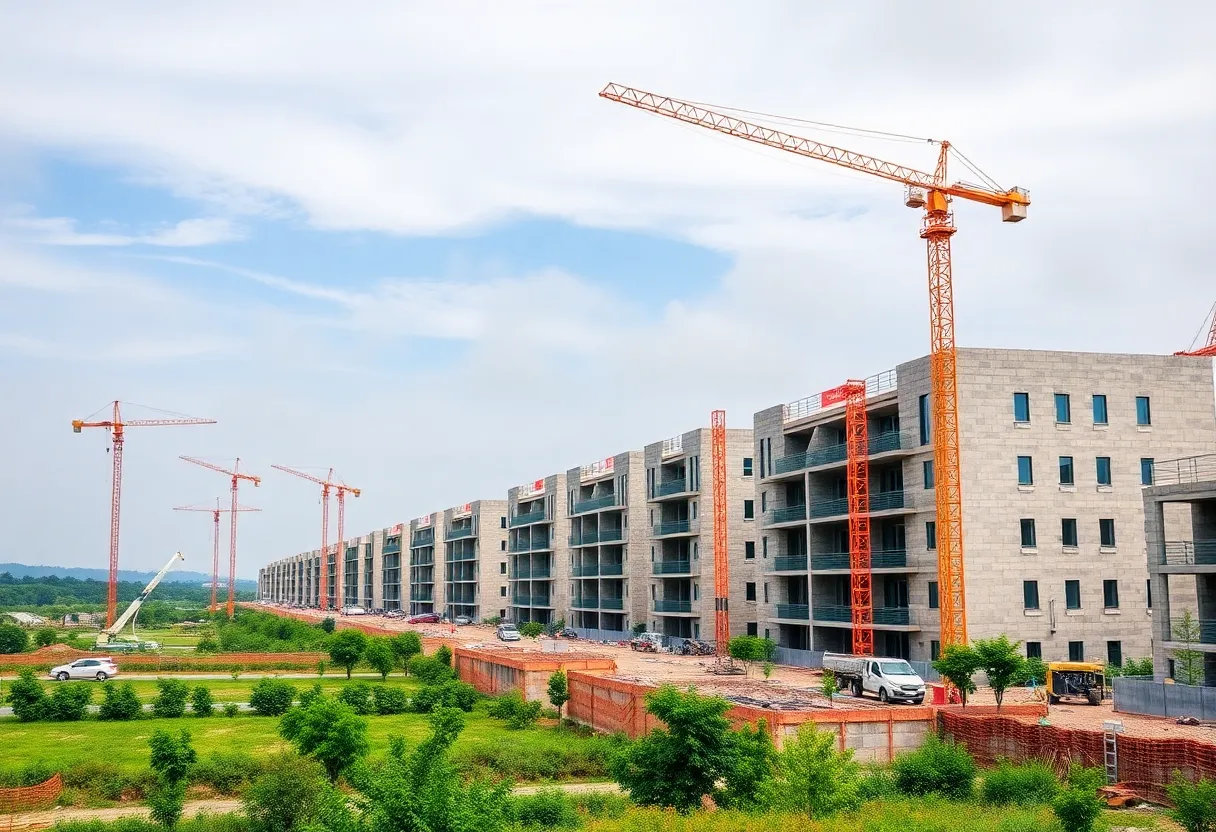 Regina Road housing project under construction with cranes and workers.