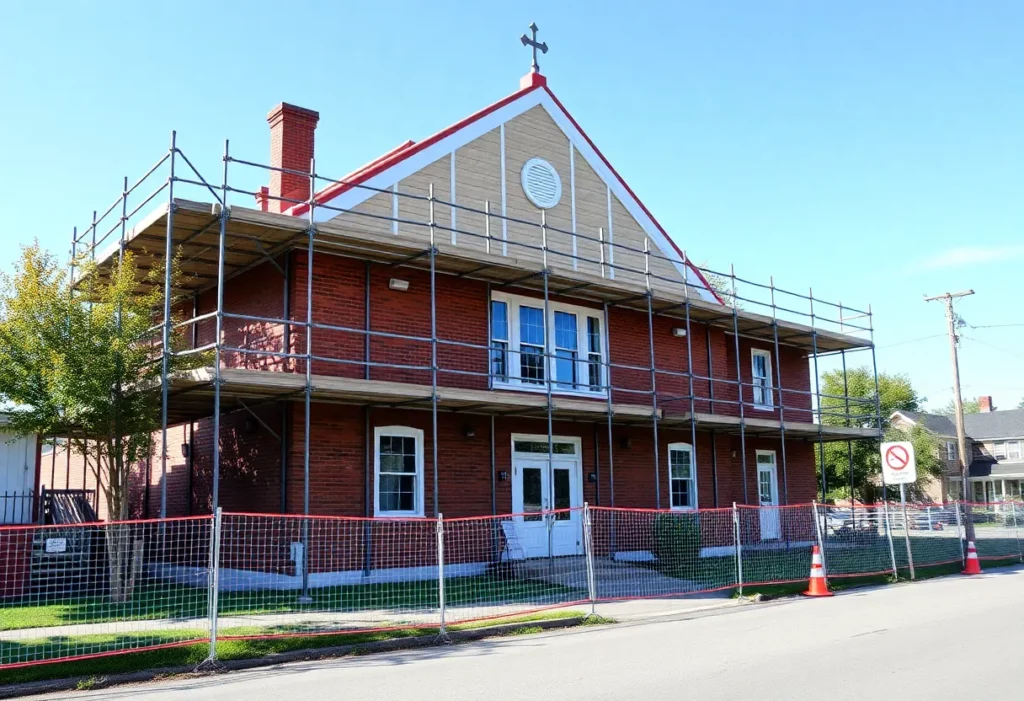 Scotia Village Hall with construction fencing for renovations