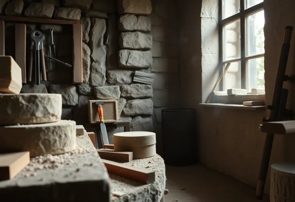 A dusty stone masonry workshop illustrating silica exposure hazards.