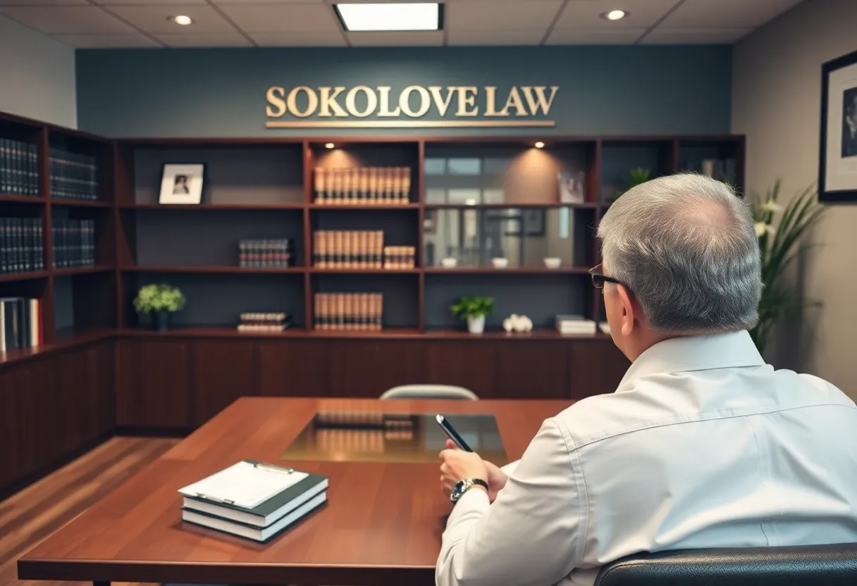 Sokolove Law office with legal team consulting a mesothelioma victim.