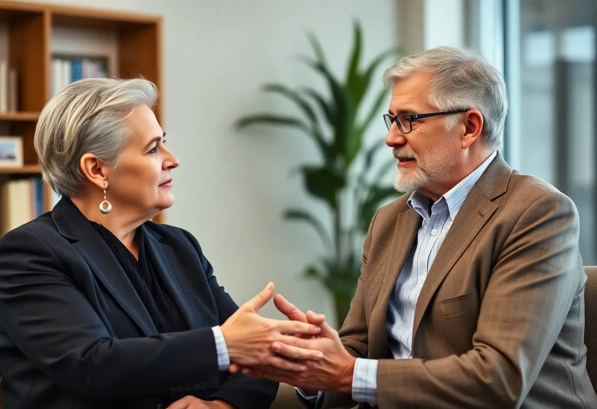 A lawyer providing guidance to a mesothelioma patient showing compassion and legal support.