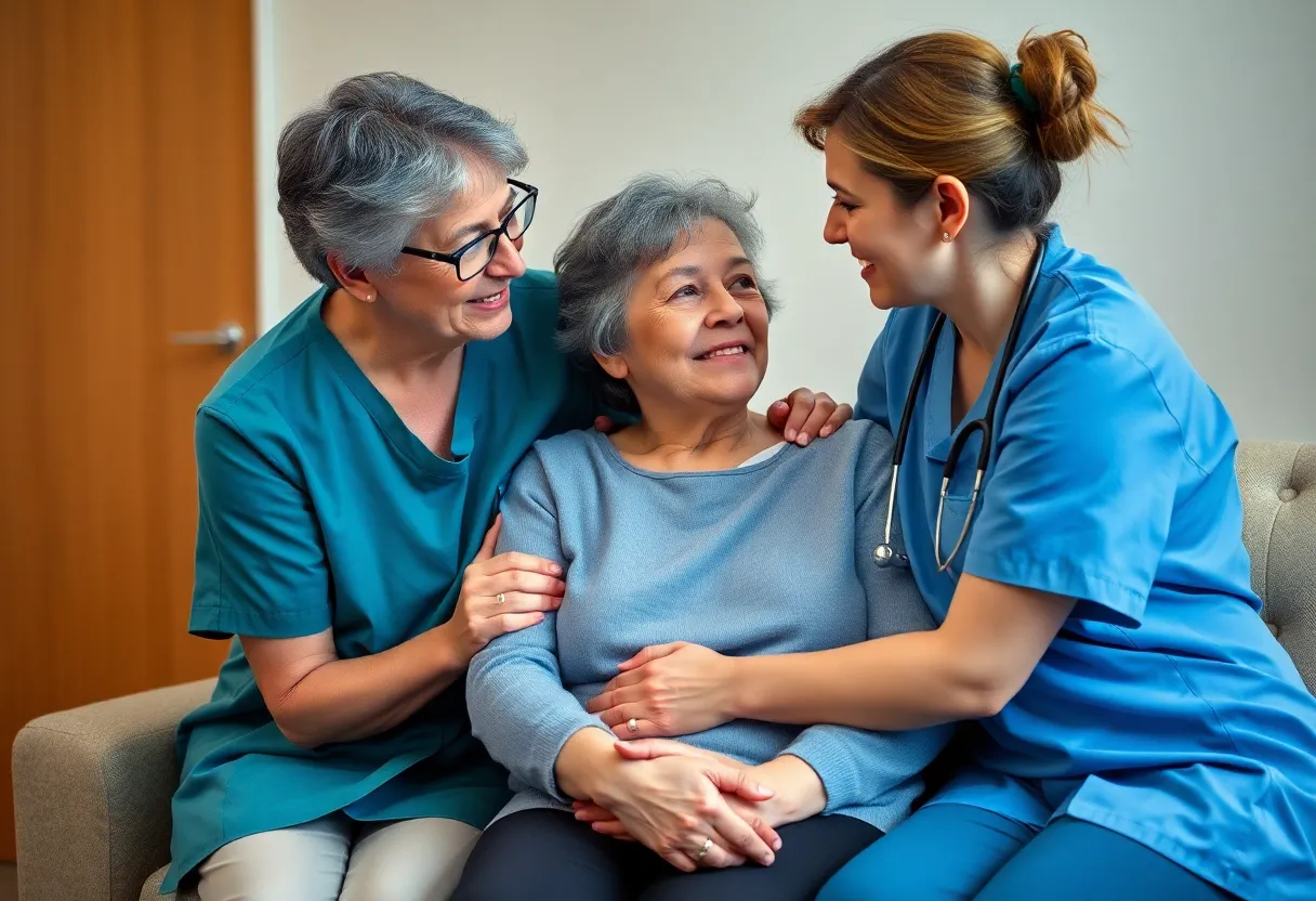 A caregiver providing support to a mesothelioma patient in a serene setting.
