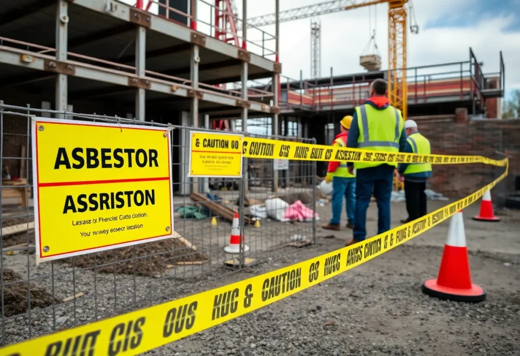 Construction workers at Trumbull Center site with asbestos signs