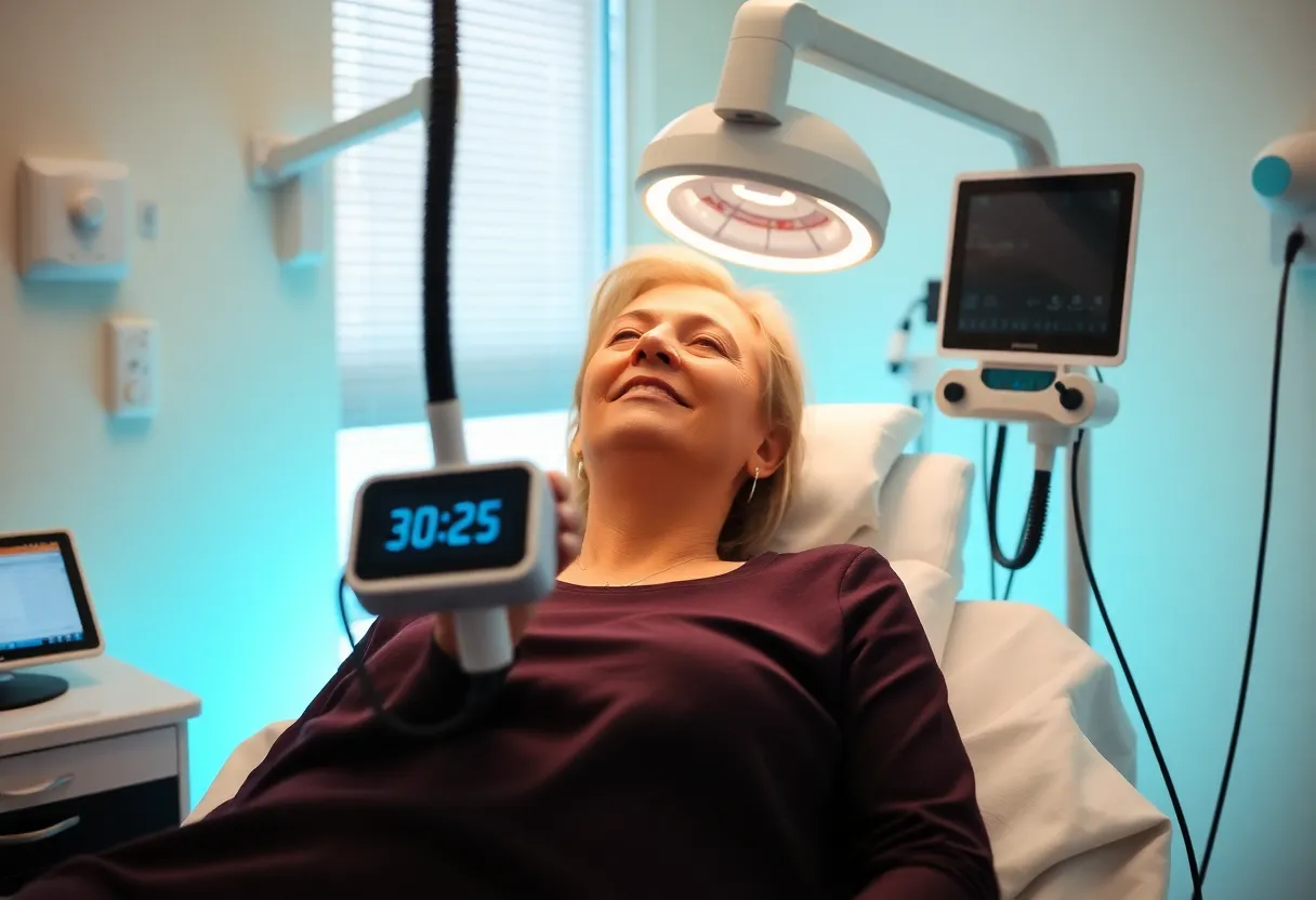 Patient with Optune Lua device for TTFields treatment in a clinical setting.