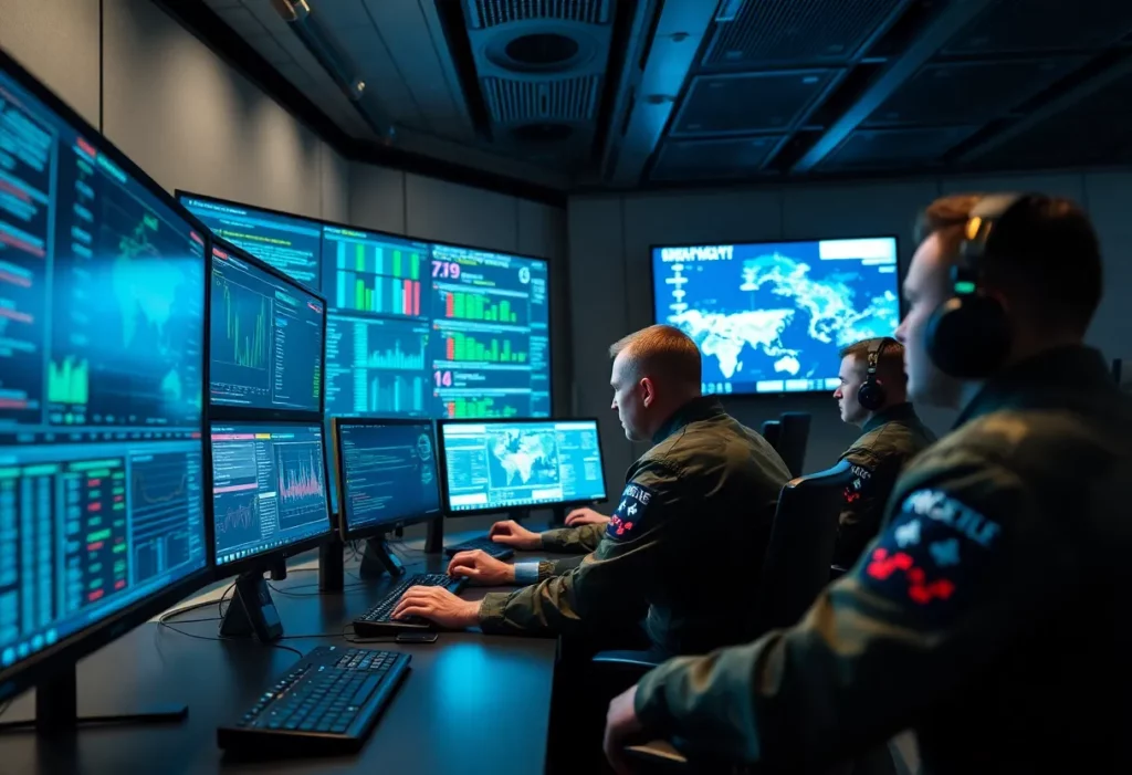 Personnel working in a high-tech U.S. Cyber Command operations center.