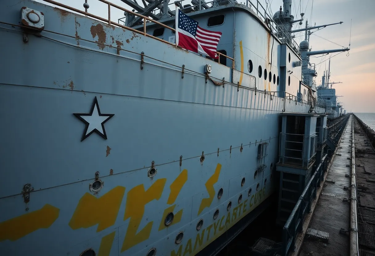Illustration showing U.S. Navy ship with asbestos-related hazards.